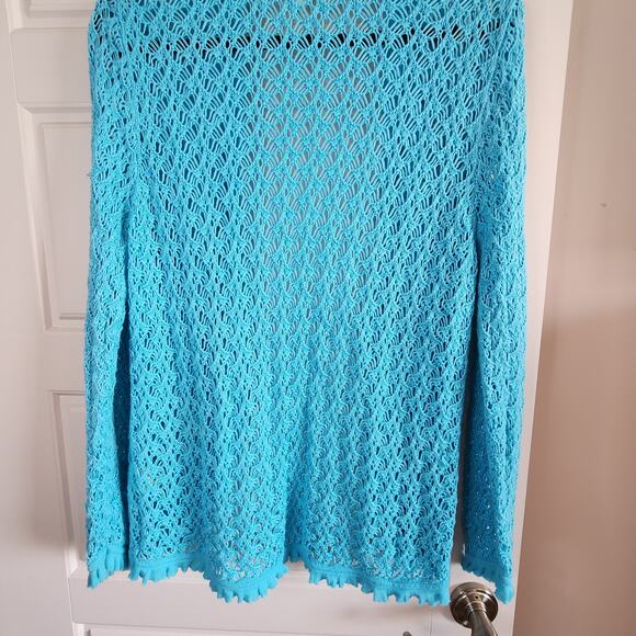 Sigrid Olsen Cardigan Sweater Womens Large Open Weave Aqua Blue Crochet - Picture 8 of 9